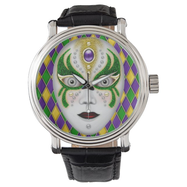 Mardi Gras Mask on Harlequin Background Horloge (Voorkant)