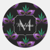 Mardi Gras Mask Paars Green Gold Sparkle Monogram Ronde Sticker (Voorkant)