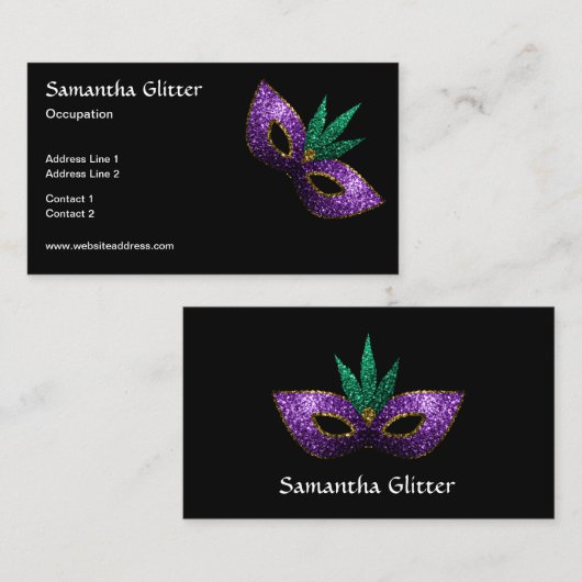 Mardi Gras Mask Paars Green Gold Sparkles Black Visitekaartje (Voorkant / Achterkant)