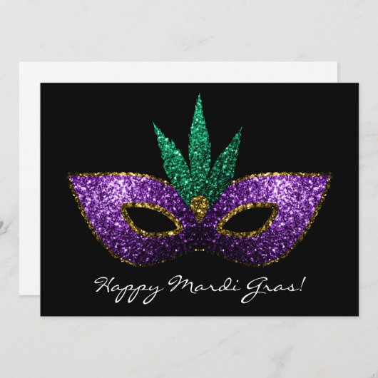 Mardi Gras Mask Paars Green Gold Sparkles Invite Kaart (Voorkant / Achterkant)