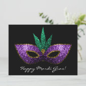 Mardi Gras Mask Paars Green Gold Sparkles Invite Kaart (Staand voorkant)