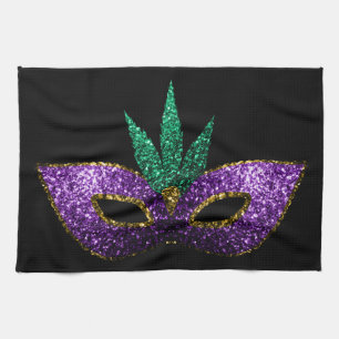 Mardi Gras Mask Paars Green Gold Sparkles zwart Theedoek