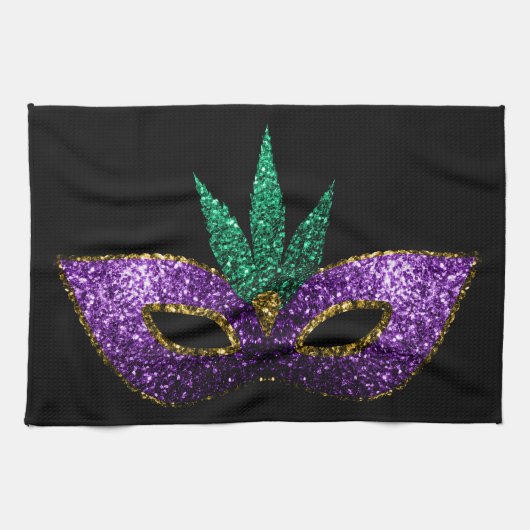 Mardi Gras Mask Paars Green Gold Sparkles zwart Theedoek (Horizontaal)
