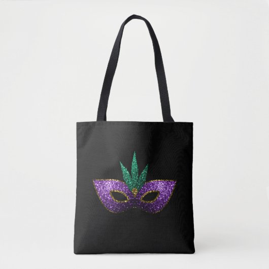 Mardi Gras Mask Paars Green Gold Sparkles | Zwart Tote Bag (Voorkant)