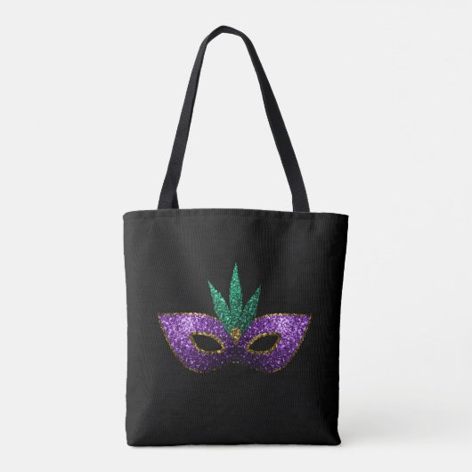 Mardi Gras Mask Paars Green Gold Sparkles | Zwart Tote Bag (Achterkant)