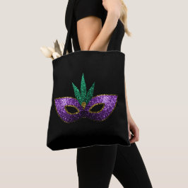 Mardi Gras Mask Paars Green Gold Sparkles | Zwart Tote Bag