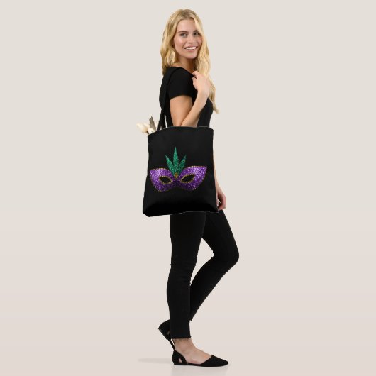 Mardi Gras Mask Paars Green Gold Sparkles | Zwart Tote Bag (Op model)