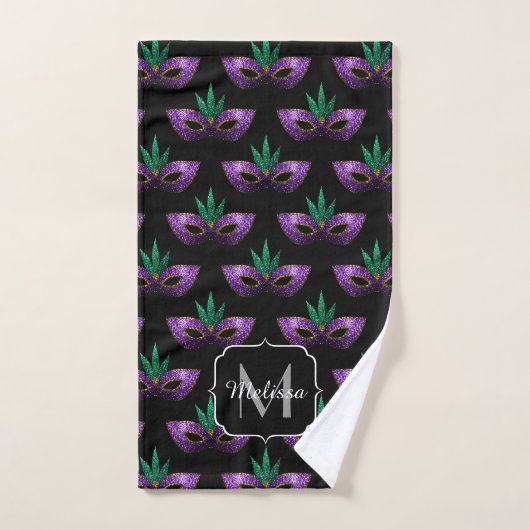 Mardi Gras Mask Paars Green Sparkles Monogram Bad Handdoek (Handdoek)