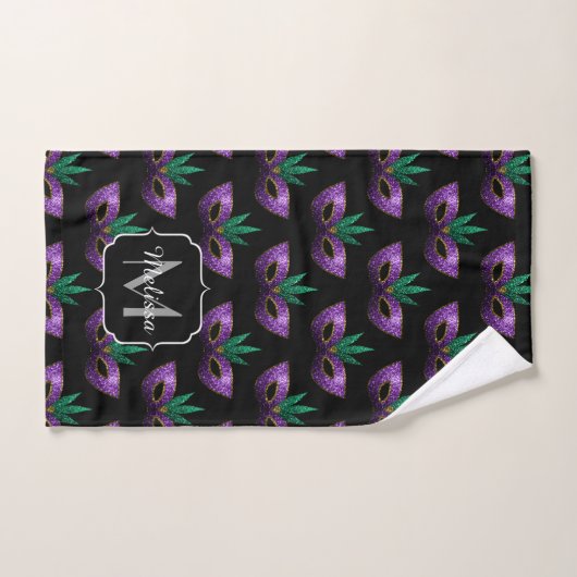 Mardi Gras Mask Paars Green Sparkles Monogram Bad Handdoek (Handdoek)