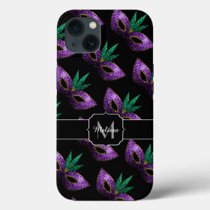 Mardi Gras Mask Paars Green Sparkles Monogram Case-Mate iPhone Case