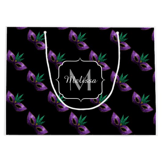 Mardi Gras Mask Paars Green Sparkles Monogram Large Cadeautasje (Voorkant)