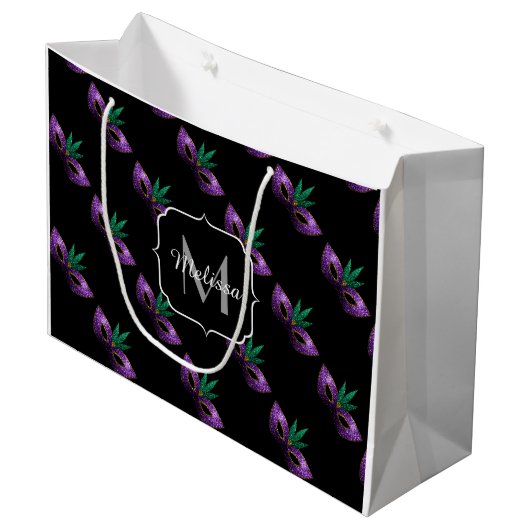 Mardi Gras Mask Paars Green Sparkles Monogram Large Cadeautasje (Voorkant Gekanteld)