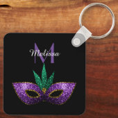 Mardi Gras Mask Paars Green Sparkles Monogram Sleutelhanger (Achterkant)