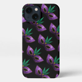 Mardi Gras Mask Paars Green Sparkles patroon iPhone 13 Hoesje