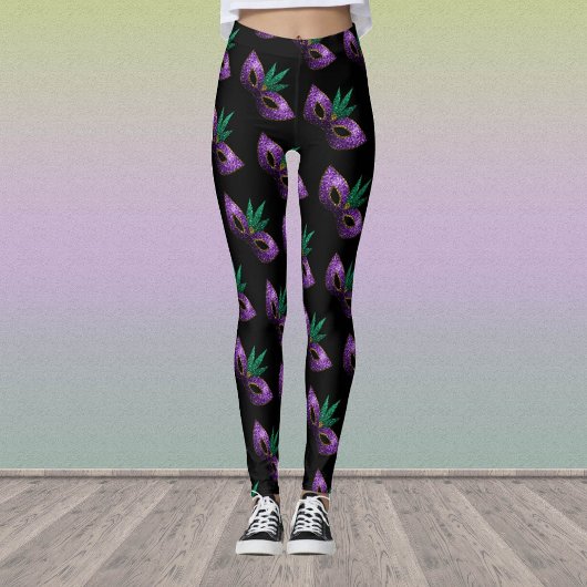 Mardi Gras Mask Paars Green Sparkly patroon zwart Leggings