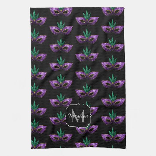 Mardi Gras Mask Paars Sparkles Monogram Theedoek (Verticaal)