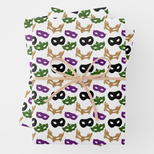 Mardi Gras Mask Paarse Green Faux Gold Zwart Inpakpapier Vel (In situ)