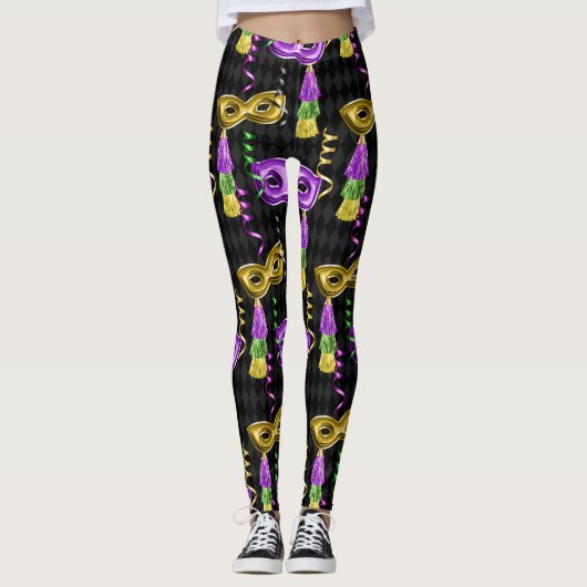 Mardi Gras Mask Pattern Gold Paarse Leggings (Voorkant)