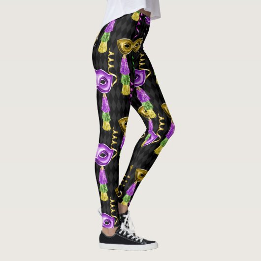Mardi Gras Mask Pattern Gold Paarse Leggings (Rechts)