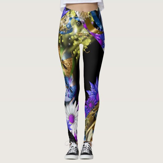 Mardi gras maskeert dij bloempatroon leggings (Voorkant)