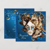 Mardi Gras Masker Blauw Goud Maskerade Party Kaart (Voorkant / Achterkant)