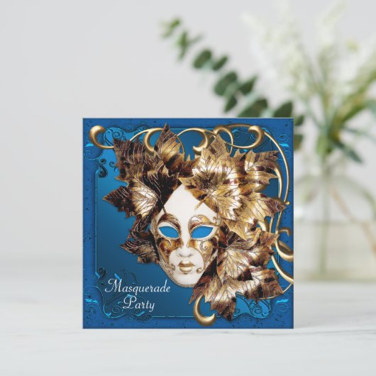 Mardi Gras Masker Blauw Goud Maskerade Party Kaart (Staand voorkant)