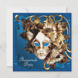 Mardi Gras Masker Blauw Goud Maskerade Party Kaart