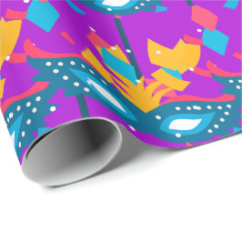 Mardi Gras-masker en confetti op paars Cadeaupapier