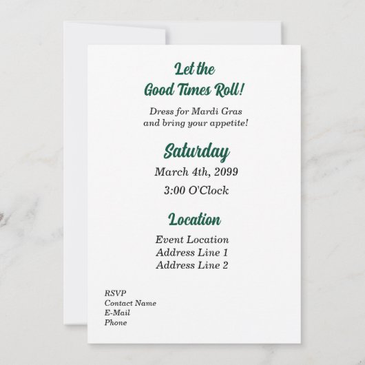 Mardi Gras Masker en Kostuum Feest Kaart (Achterkant)