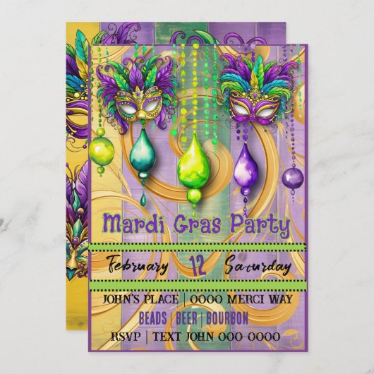 Mardi Gras Masker en Kralen Party Kaart (Voorkant / Achterkant)