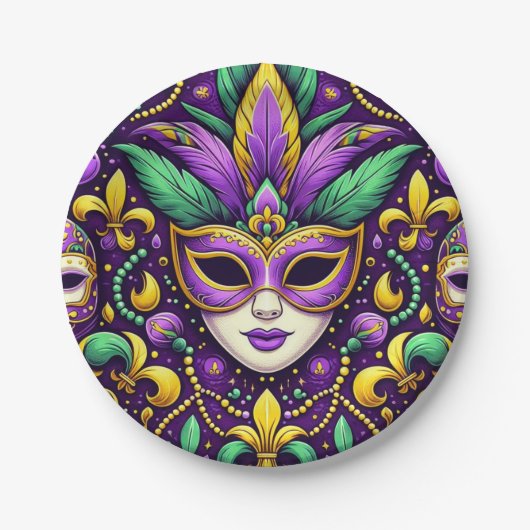 Mardi Gras masker/kralen/fleur de lis Papieren Bordje (Voorkant)