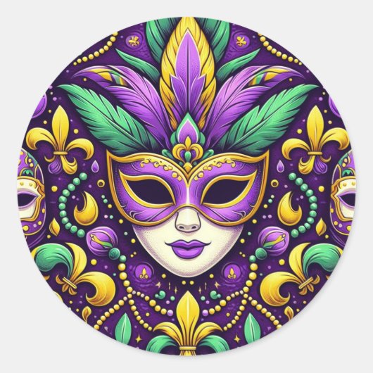 Mardi Gras masker/kralen/fleur de lis Ronde Sticker (Voorkant)