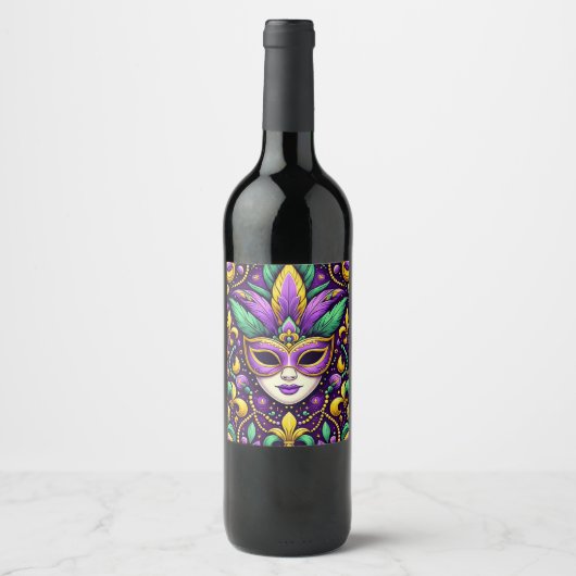 Mardi Gras masker/kralen/fleur de lis Wijn Etiket (Voorkant)