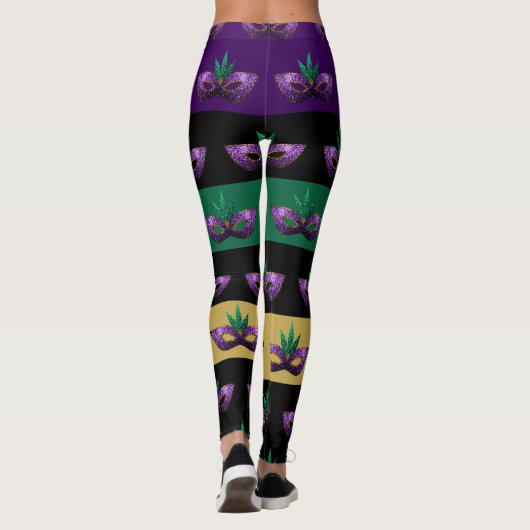 Mardi Gras Masker Sparkly Paarse Groene lijnen Leggings (Achterkant)