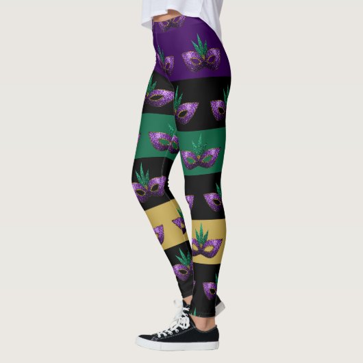 Mardi Gras Masker Sparkly Paarse Groene lijnen Leggings (Links)