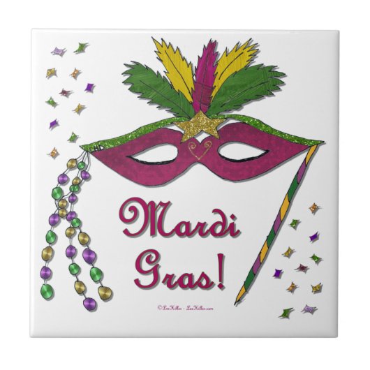 Mardi Gras Masker Veer Kralen Tegeltje (Voorkant)