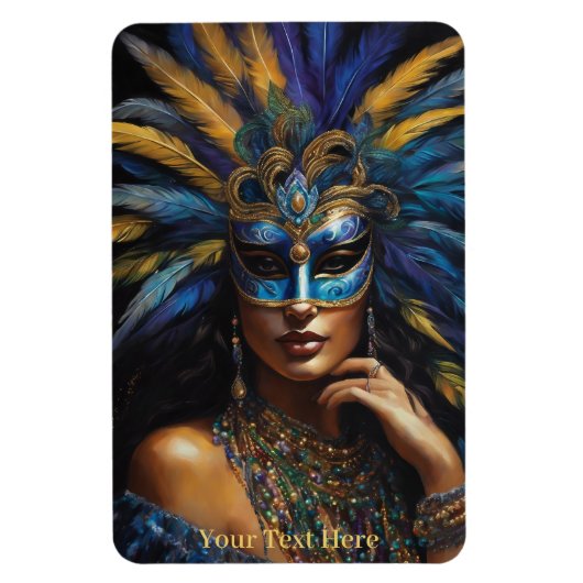 Mardi Gras masker veren kralen aangepaste tekst da Magneet (Verticaal)