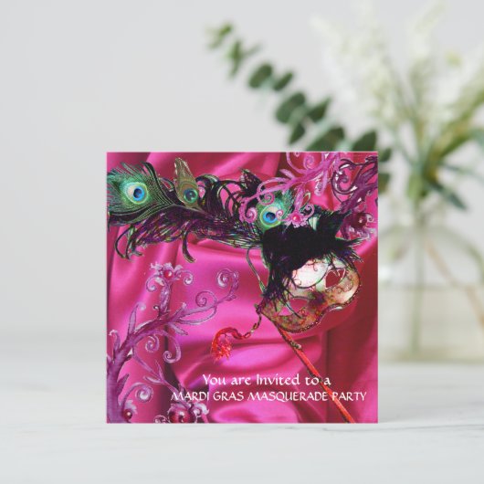 MARDI GRAS MASKERADE FEEST, ROZE ZIJDE STOF KAART (Staand voorkant)