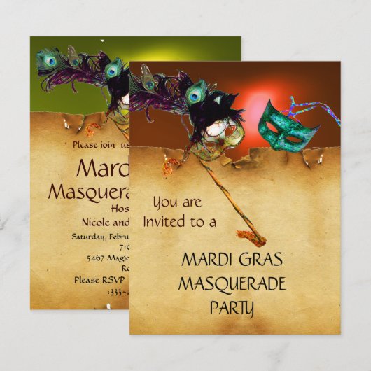 MARDI GRAS MASKERADENPARTY, Geel Kaart (Voorkant / Achterkant)