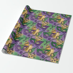 Mardi Gras-maskers en kralen Paars Groen Geel Cadeaupapier