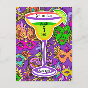 Mardi Gras Maskers Kleurrijke Martini Save the Dat Uitnodiging Briefkaart