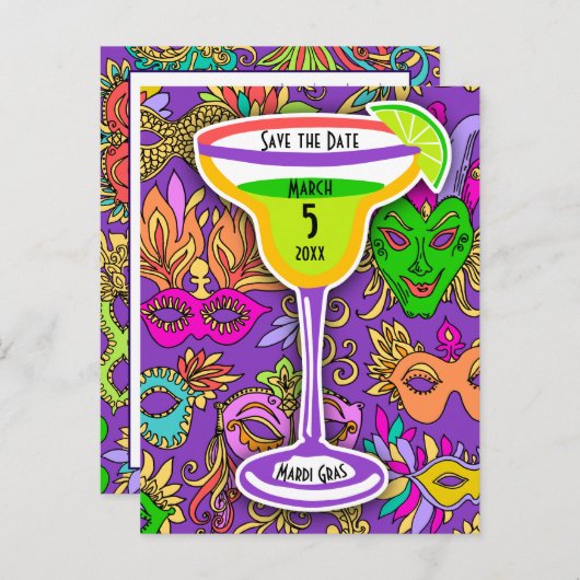 Mardi Gras Maskers Kleurrijke Martini Save the Dat Uitnodiging Briefkaart (Voorkant / Achterkant)