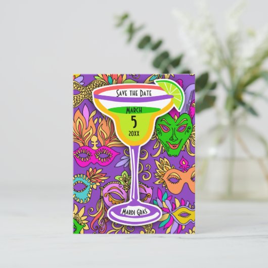 Mardi Gras Maskers Kleurrijke Martini Save the Dat Uitnodiging Briefkaart (Staand voorkant)