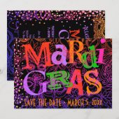 Mardi Gras Maskers Kleurrijke Typografie Save the Kaart (Voorkant / Achterkant)