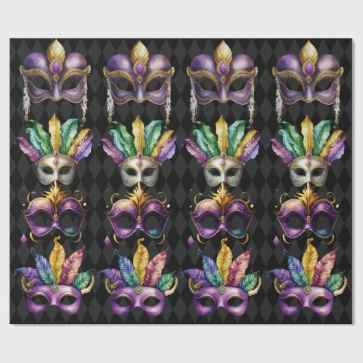 Mardi Gras Masks Groen Paarse Goud Geel Cadeaupapier (Vlak)