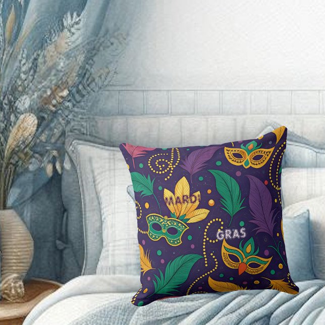 Mardi Gras Masks Veerkralen Goud Paarse Groen Kussen (Mardi Gras Masks Feather Beads Gold Purple Green Throw Pillow)
