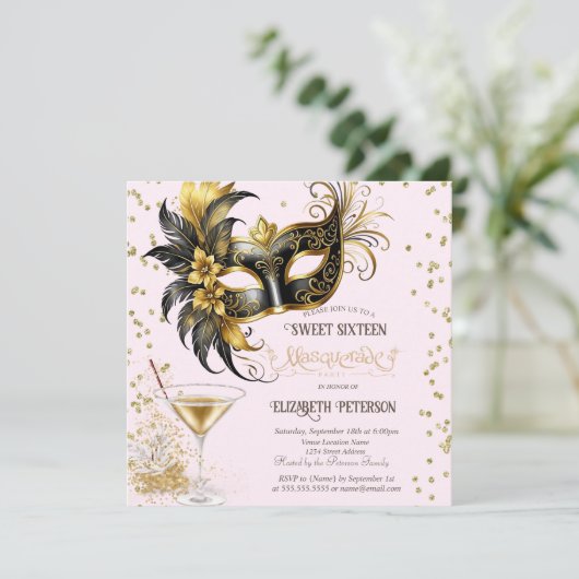 Mardi Gras Masque Diamonds Champagne Sweet 16 Kaart (Staand voorkant)