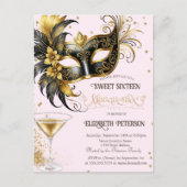 Mardi Gras Masque Diamonds Champagne Sweet 16   Uitnodiging Briefkaart (Voorkant)