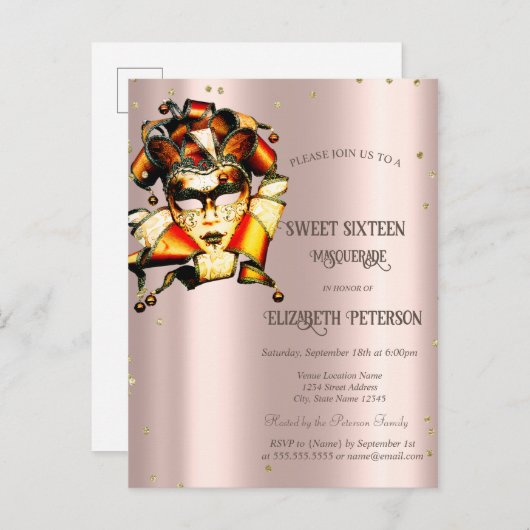 Mardi Gras Masque Diamonds Roos Gold Sweet 16 Uitnodiging Briefkaart (Voorkant / Achterkant)