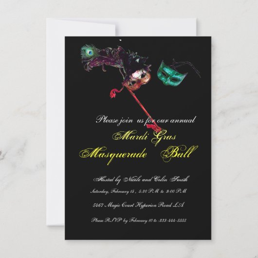 MARDI GRAS MASQUERADE BALL, Black rsvp Kaart (Achterkant)